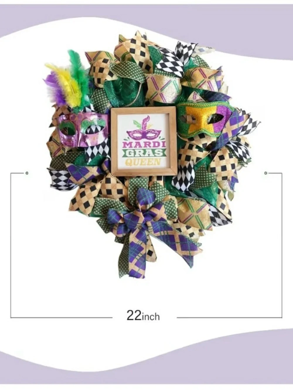 Mardi Gras Queen Decorative Wreath - Green, Purple & Gold Folds for storage